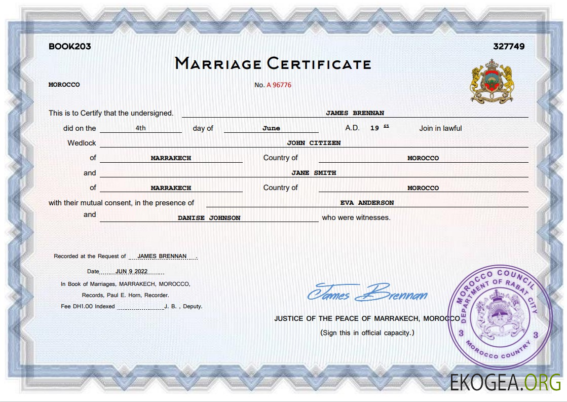 Modèle Word et PDF d'acte de mariage au Maroc